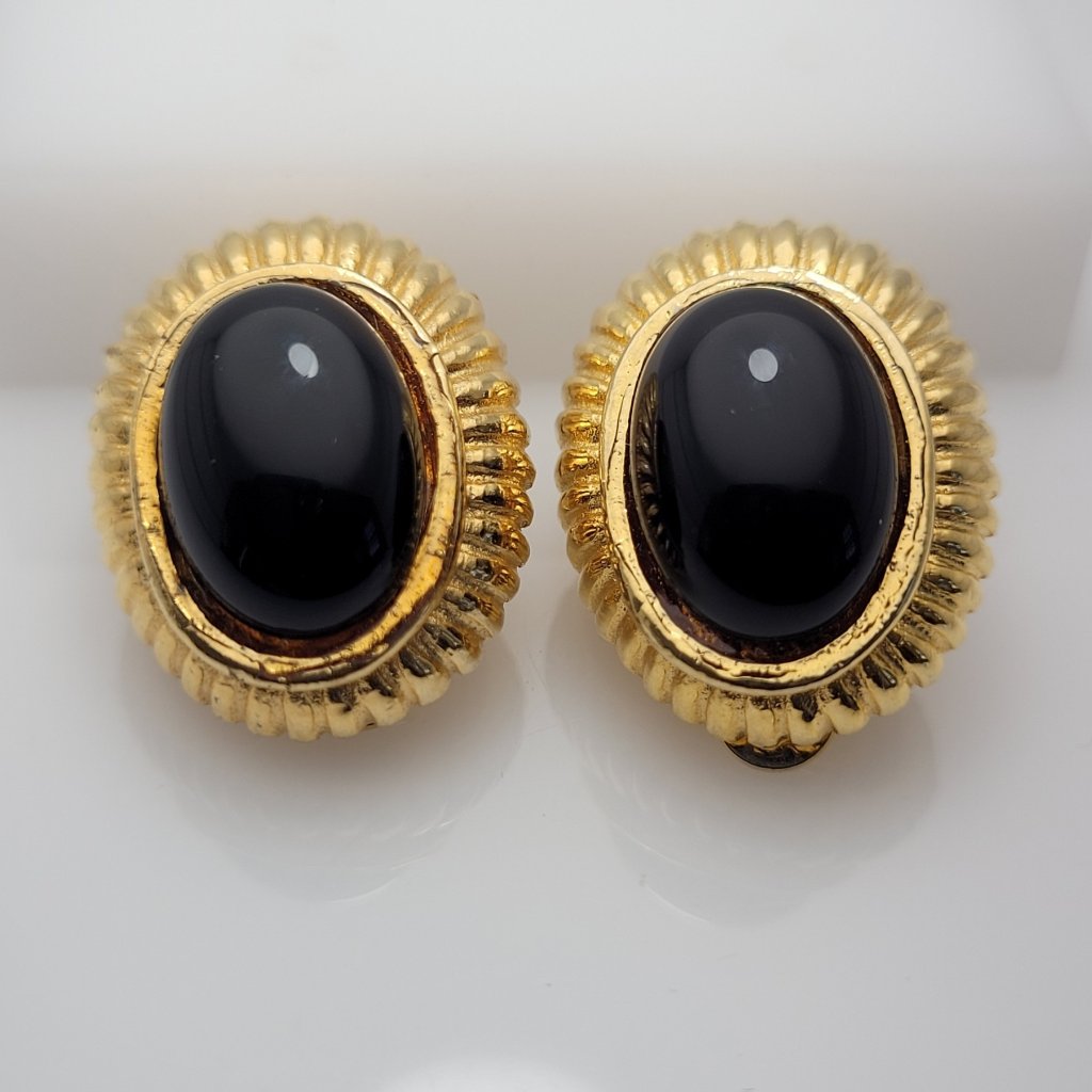 Vintage Gay Boyer Gold And Onyx Clipon Earrings